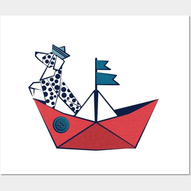 Origami Dalmatian dog day at the lake // print // red sail boat Wall Art by SelmaCardoso